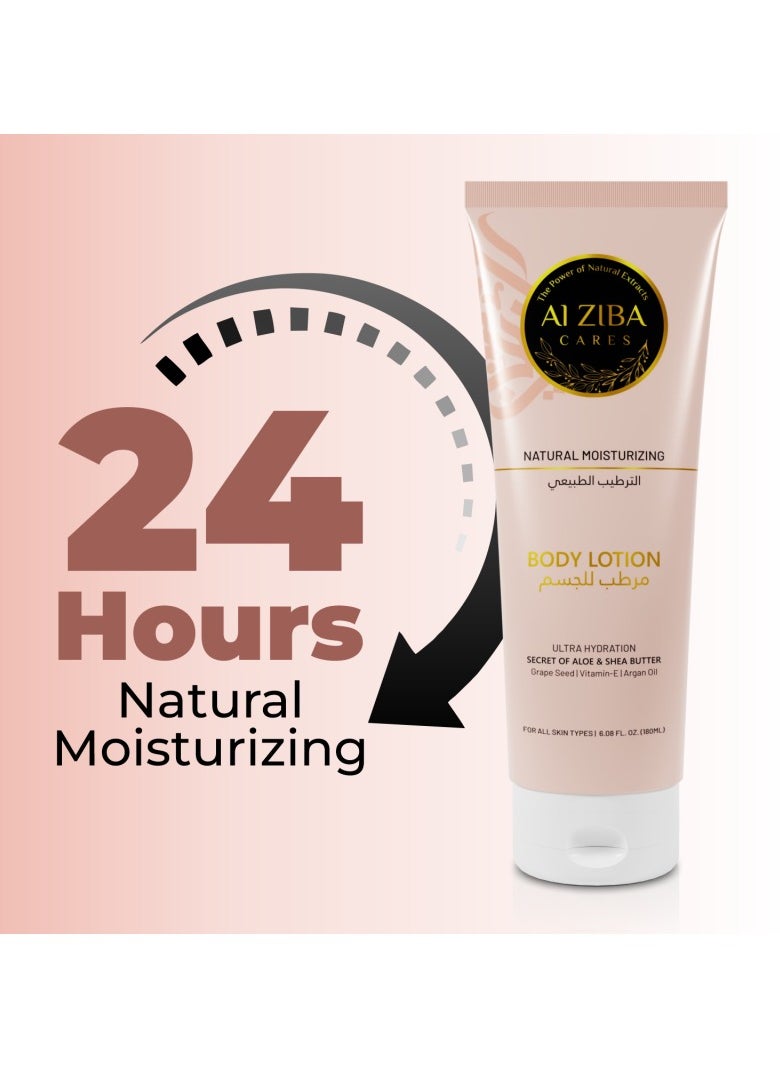 ALZIBA CARES - Body Lotion Ultra Hydration Natural Moisturizing Secret of Aloe & Shea Butter , Grape seed , Vitamin E , Argan Oil - 180 ml - Image 1