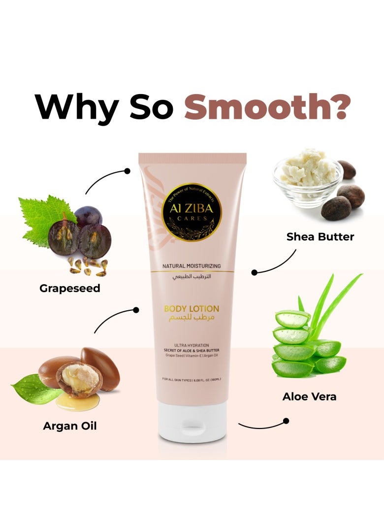 ALZIBA CARES - Body Lotion Ultra Hydration Natural Moisturizing Secret of Aloe & Shea Butter , Grape seed , Vitamin E , Argan Oil - 180 ml - Image 1