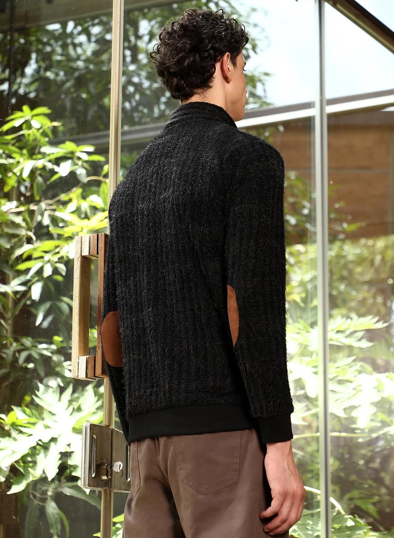 Campus Sutra Campus Sutra Men's Onyx Black Zip-Front Tactile Fur-Knit Sweater | Stand Collar , Ribbed Cuff Sleeves , Zipper Closure , Ribbed-Straight Hem | Solid Fur For Casual & Daily Wear