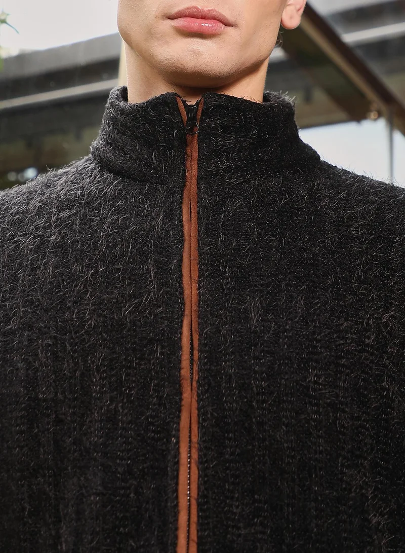 Campus Sutra Campus Sutra Men's Onyx Black Zip-Front Tactile Fur-Knit Sweater | Stand Collar , Ribbed Cuff Sleeves , Zipper Closure , Ribbed-Straight Hem | Solid Fur For Casual & Daily Wear
