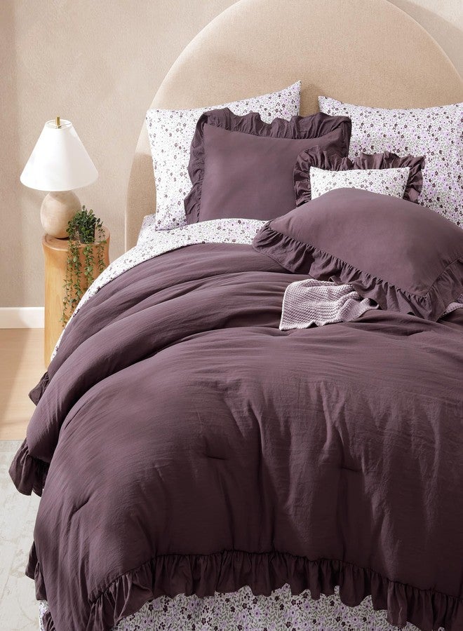 BLOOMHAVEN Queen Comforter Set - 7 Pieces Ruffle Purple Bedding Sets, Shabby Chic Farmhouse Bed in a Bag Queen with Ruffle Comforter, Floral Sheets, Pillowcases & Shams - Image 5