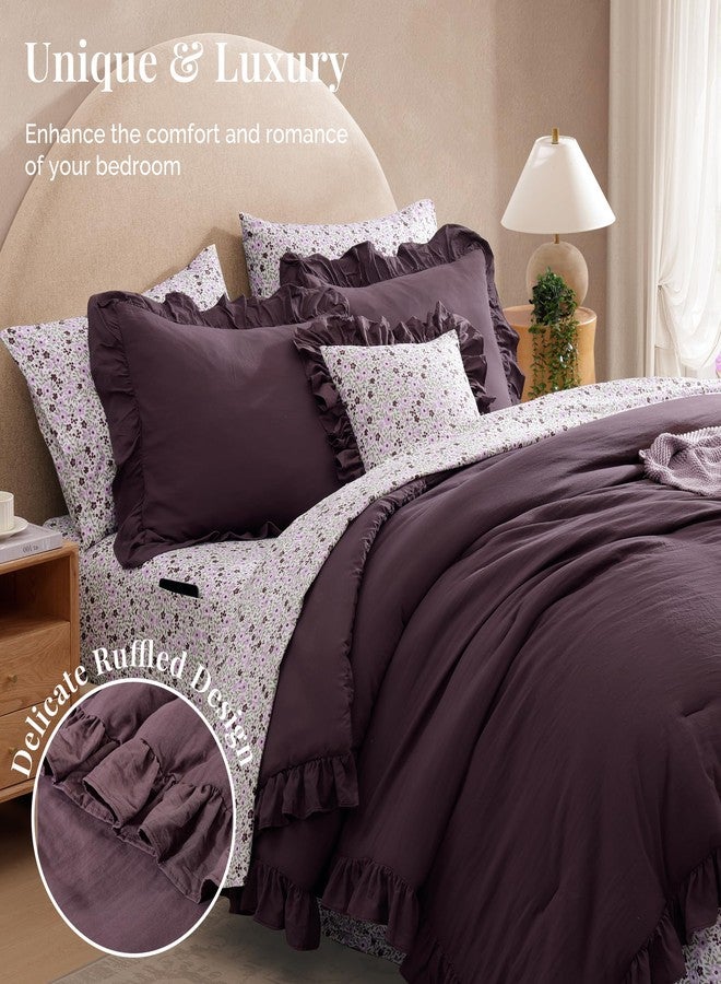 BLOOMHAVEN Queen Comforter Set - 7 Pieces Ruffle Purple Bedding Sets, Shabby Chic Farmhouse Bed in a Bag Queen with Ruffle Comforter, Floral Sheets, Pillowcases & Shams - Image 2