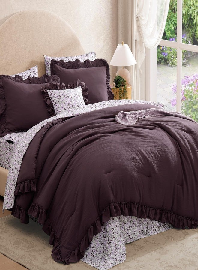 BLOOMHAVEN Queen Comforter Set - 7 Pieces Ruffle Purple Bedding Sets, Shabby Chic Farmhouse Bed in a Bag Queen with Ruffle Comforter, Floral Sheets, Pillowcases & Shams - Image 4