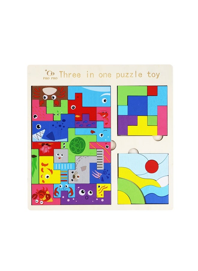 HALAMODO Three-In-One Wooden Blocks Puzzle Russian Blocks for Kids, Children's Puzzle Game Board Learning Education Montessori Toddler Puzzle Wooden Toys for Kids Birthday Party Gift - Image 1