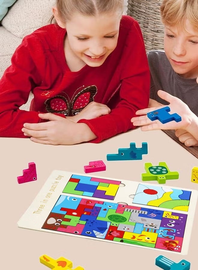 Three-In-One Wooden Blocks Puzzle Russian Blocks for Kids, Children's Puzzle Game Board Learning Education Montessori Toddler Puzzle Wooden Toys for Kids Birthday Party Gift - Image 2