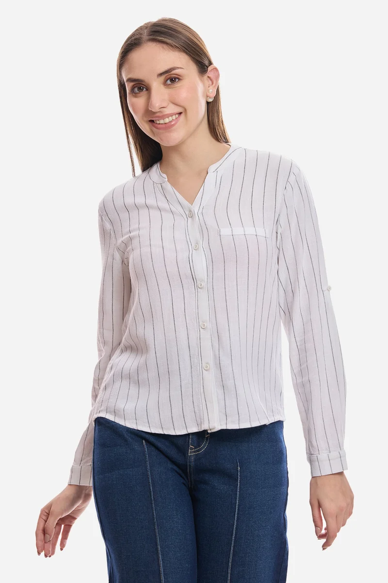 فيرجيو Stripes Linen Mandarin Collar Striped Shirt for Women