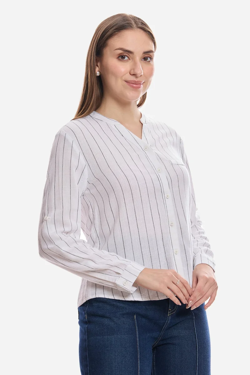 Virgio  Stripes Linen Mandarin Collar Striped Shirt for Women for Women | Best Price UAE