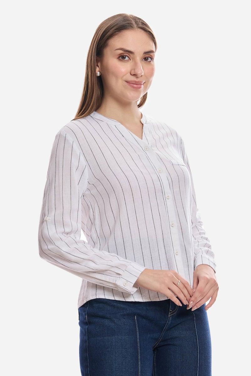 Virgio Stripes Linen Mandarin Collar Striped Shirt for Women - Image 3