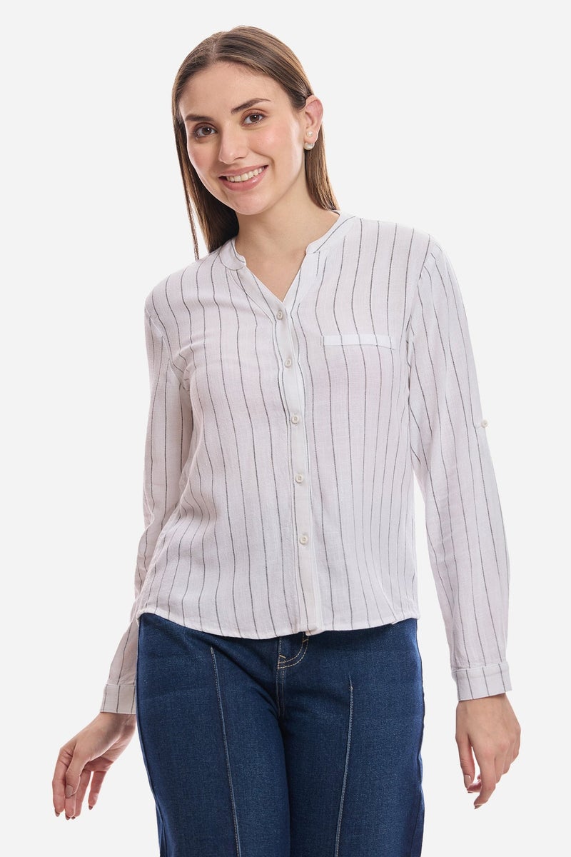 Virgio Stripes Linen Mandarin Collar Striped Shirt for Women - Image 1