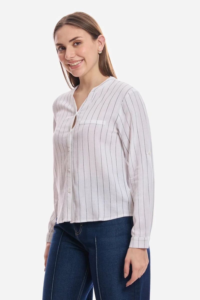 Virgio  Stripes Linen Mandarin Collar Striped Shirt for Women for Women | Best Price UAE