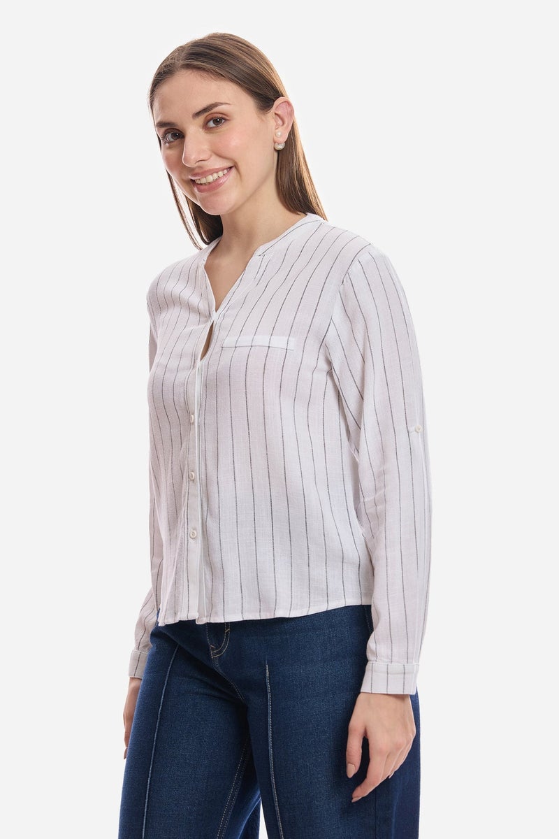 Virgio Stripes Linen Mandarin Collar Striped Shirt for Women - Image 4