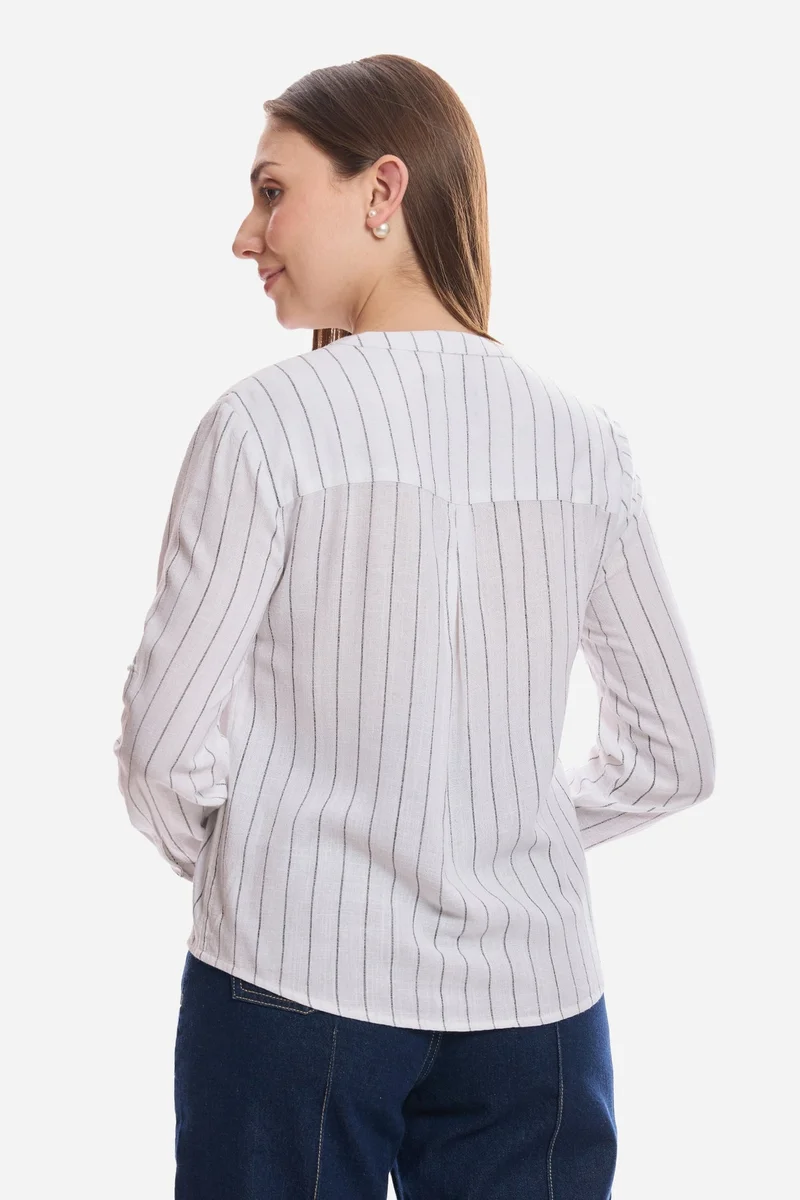 Virgio  Stripes Linen Mandarin Collar Striped Shirt for Women for Women | Best Price UAE