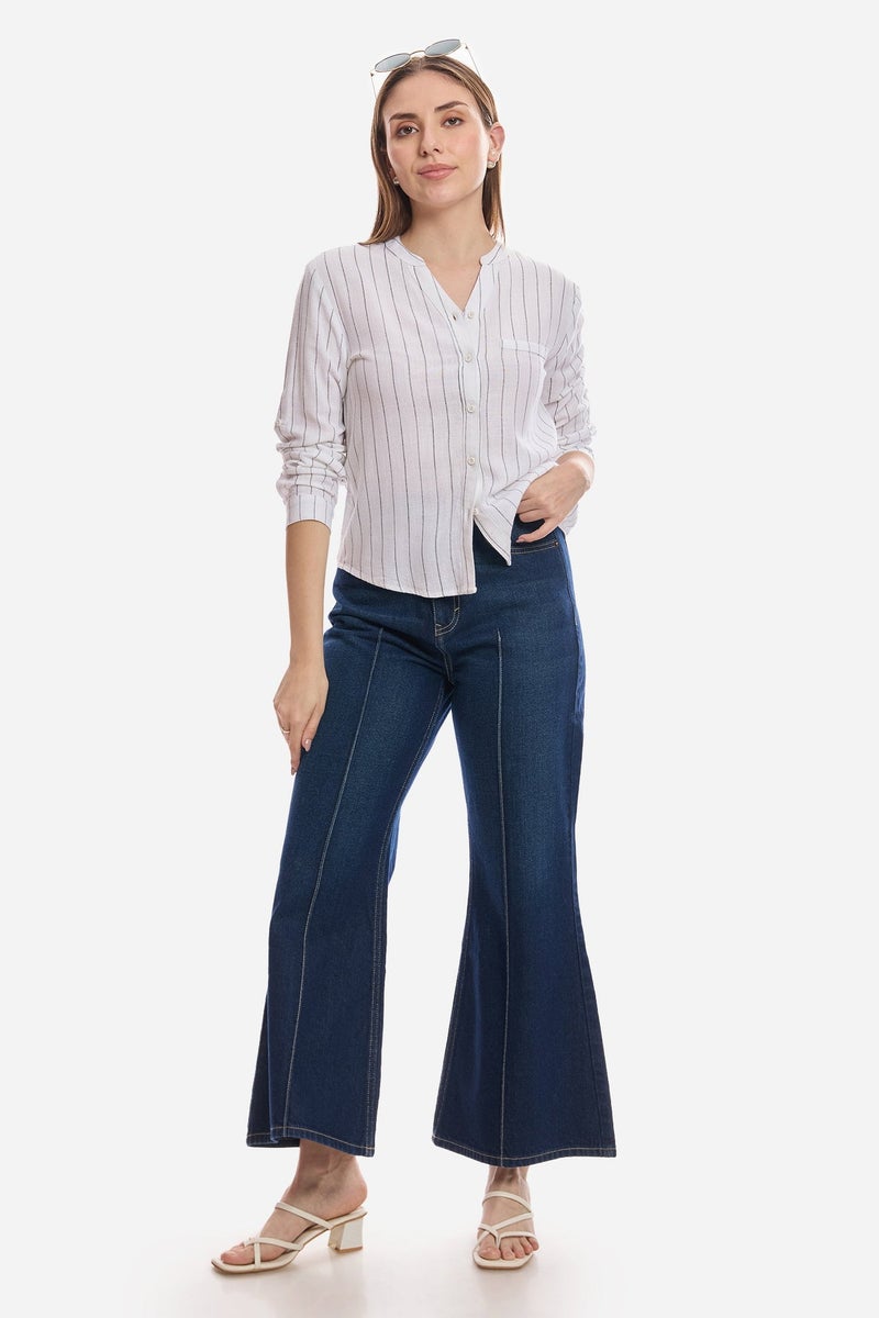 Virgio Stripes Linen Mandarin Collar Striped Shirt for Women - Image 2