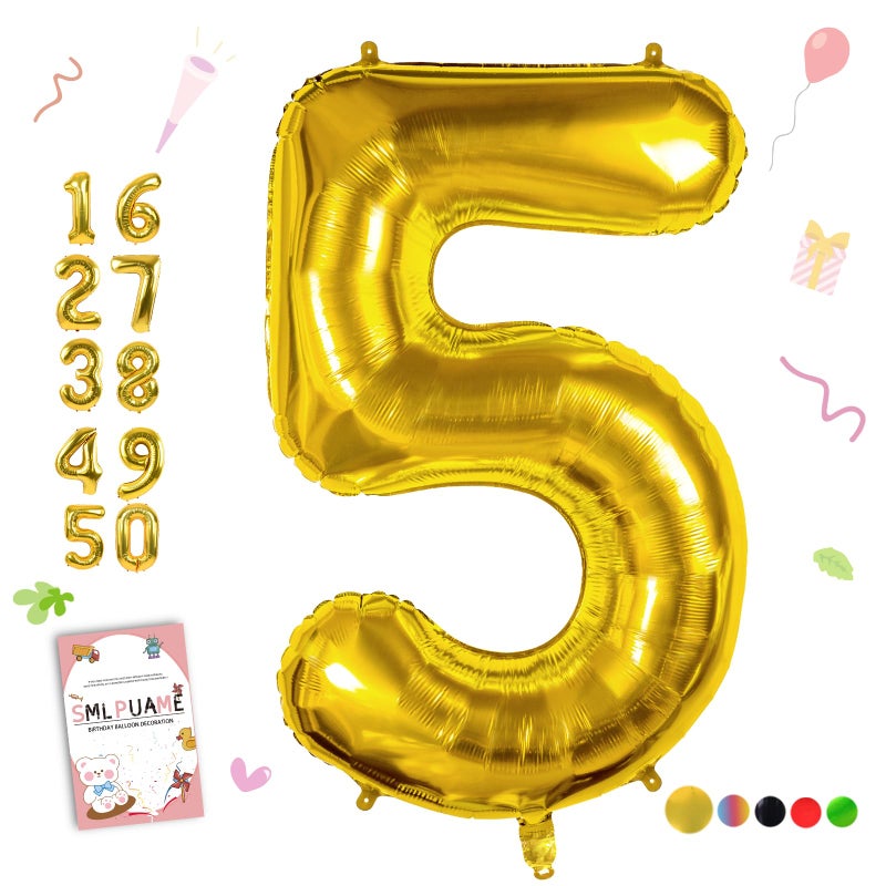 Smlpuame 40 inch Number Balloon 0-9 Gold Large Number 5 Balloons,Digital Balloons for Birthday Party Celebration Decorations Supplies, Helium Foil Number Balloons for Wedding Anniversary - Image 1