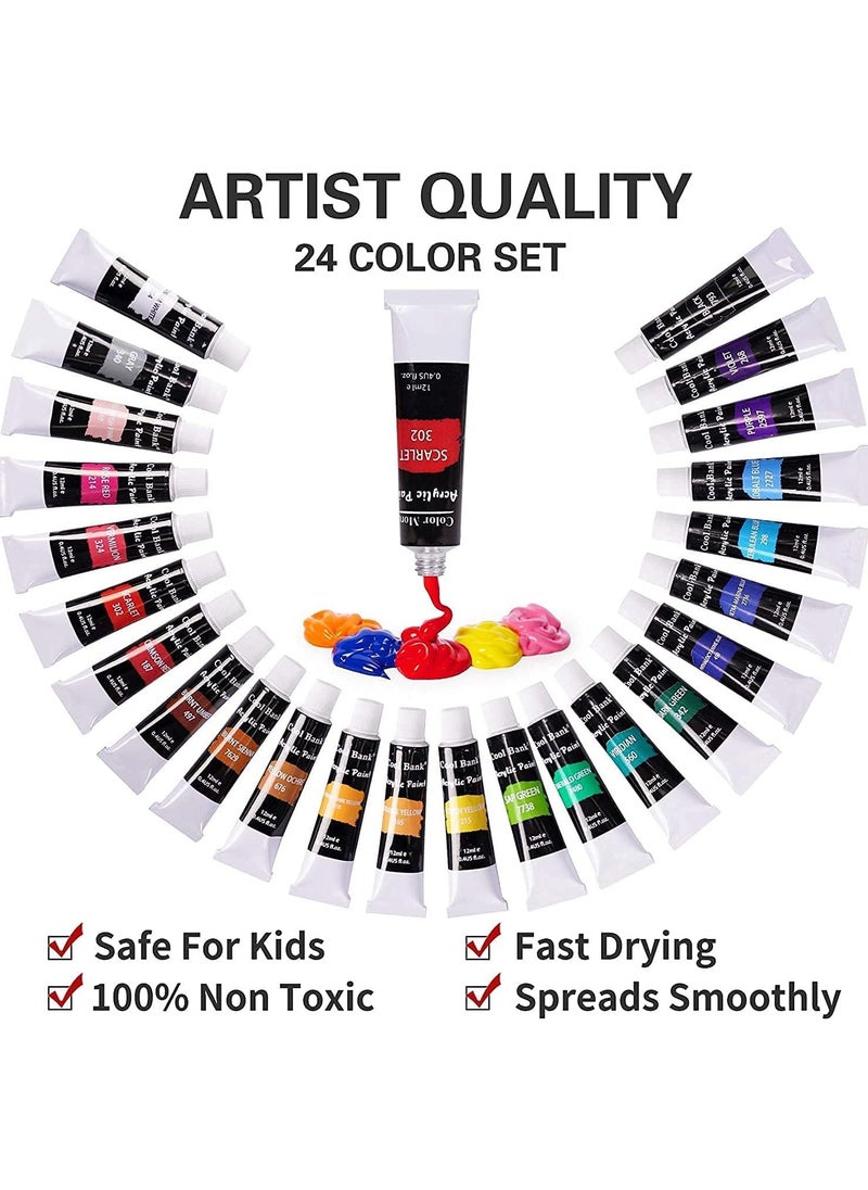 S2C S2C Acrylic Paint & Professional Brush Combo Set - 24x12ml Non-Toxic Vibrant Acrylic Colors + Nylon Hair Brushes for Canvas, Wood, Rock & Face Painting – Ideal for Beginners & Professionals  - Image 2