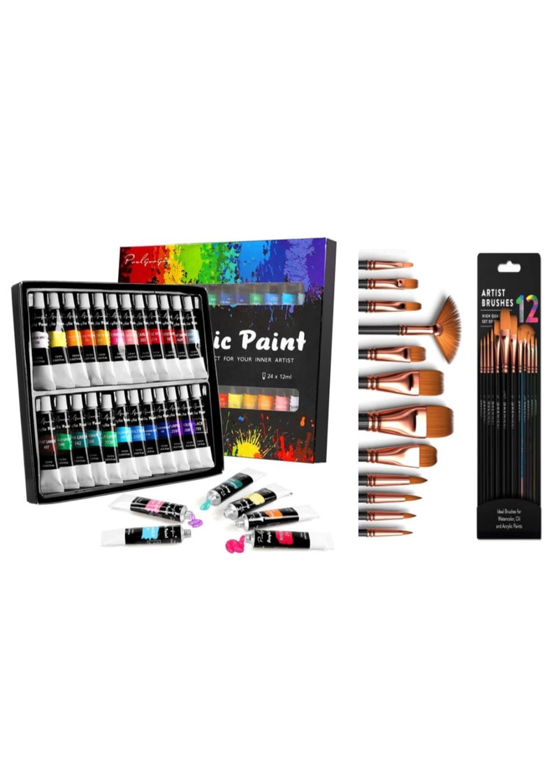 S2C S2C Acrylic Paint & Professional Brush Combo Set - 24x12ml Non-Toxic Vibrant Acrylic Colors + Nylon Hair Brushes for Canvas, Wood, Rock & Face Painting – Ideal for Beginners & Professionals  - Image 1