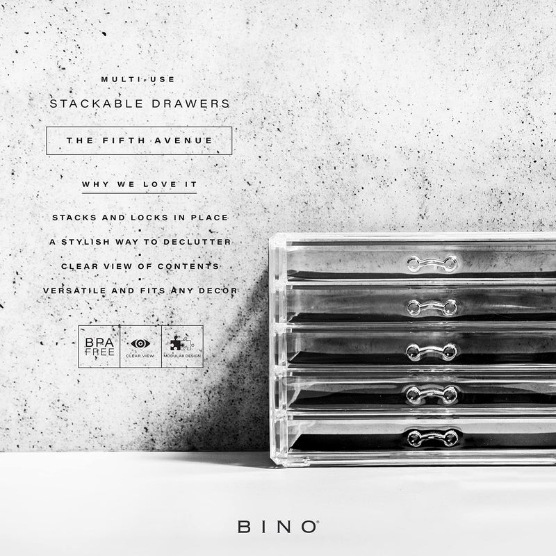 BINO منظم أدراج المكياج الأكريليكي من بينو - سلسلة مانهاتن - 5 أدراج | منظمات تخزين الجمال الشفافة | درج مستحضرات التجميل والمكياج | تنظيم المنزل | أدراج الإكسسوارات والمكياج والماكياج - Image 2