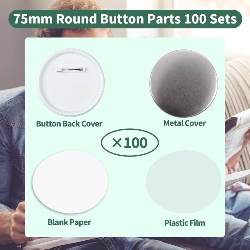 Mostme 100 Sets 75mm/3 inch Button Supplies Button Parts for Buttons Maker Machine 75mm, Round Badge Blank Buttons Pins, Includes Plastic Pin Back Cover, Metal Cover, Clear Film&Blank Paper - Image 2