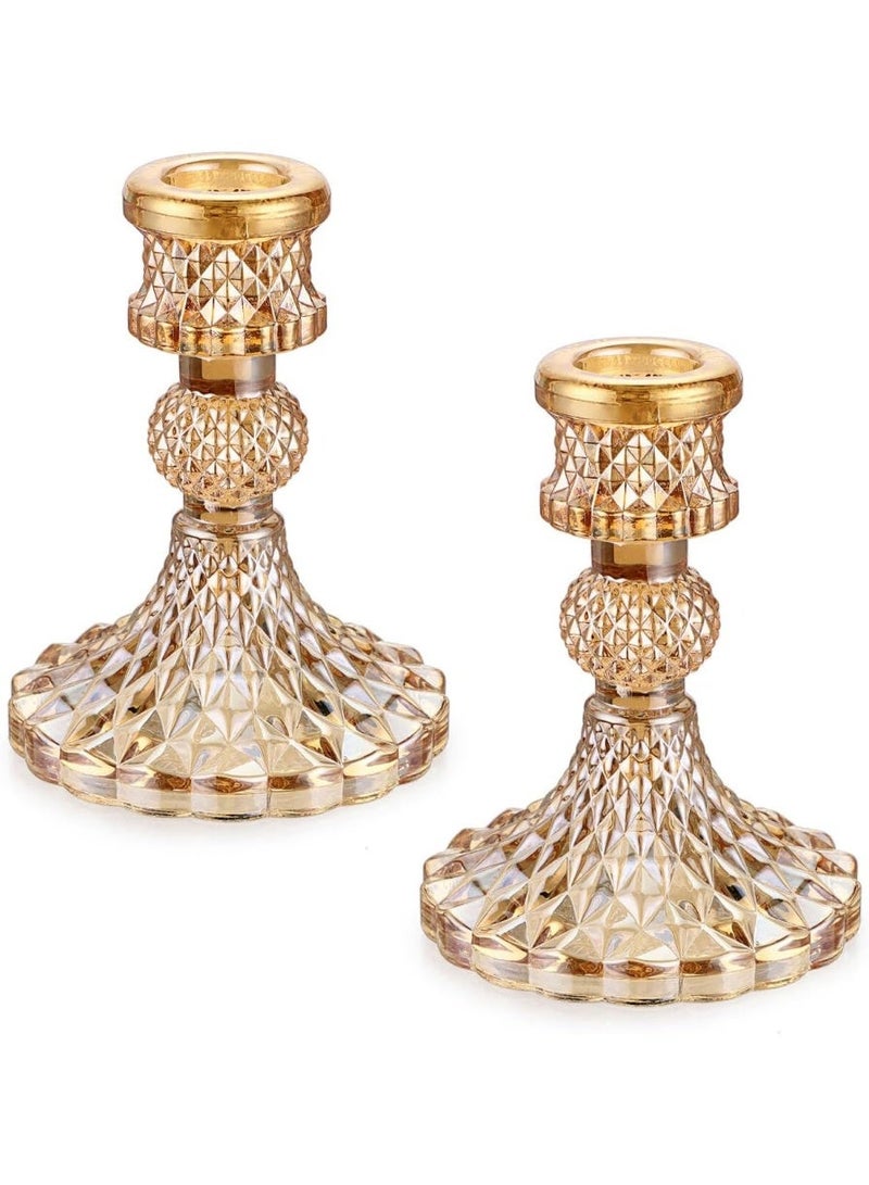 Set of 2 Gold Glass Taper Candle Holders Decorative Glass Candlestick Holders, Modern Taper Candle Stands Candlesticks for Dining Table Centerpieces Wedding Church Decor - Image 1