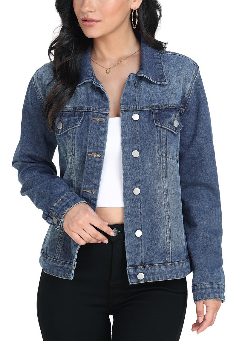 MISS MOLY Womens Denim Jacket Button Up Long Sleeve Basic Trendy Jean Jacket Coat with Pockets Blue S