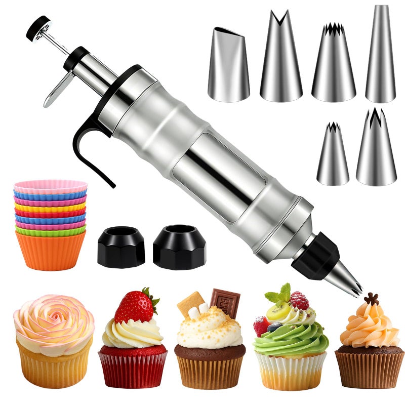 FANTEXY Dessert Decorating Syringe Set, Icing Piping Kit Stainless Steels Cake Decorating Tools 6 Piping Icing Nozzles Cupcake Decorating Kit - Image 1