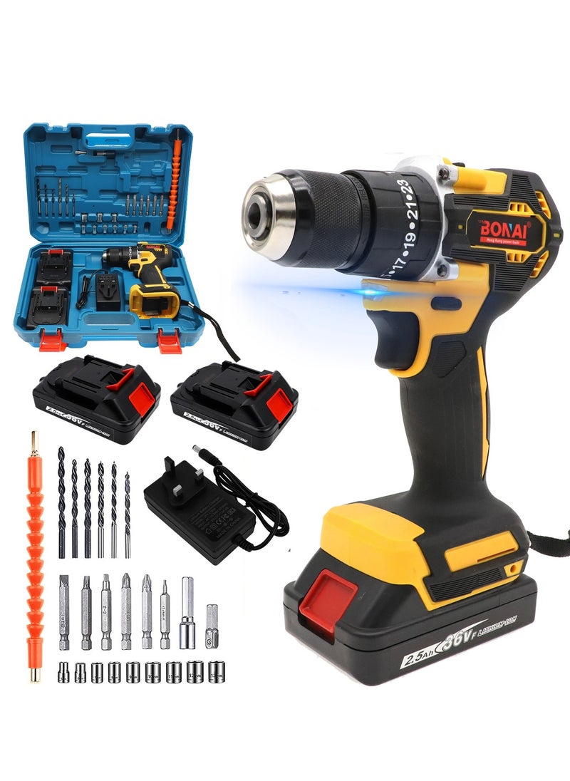 Complete 36V Cordless Drill Kit: Double Battery, 38Nm Torque, 18+3 Torque Settings, and a Comprehensive Set of 55 Drill Driver Bits