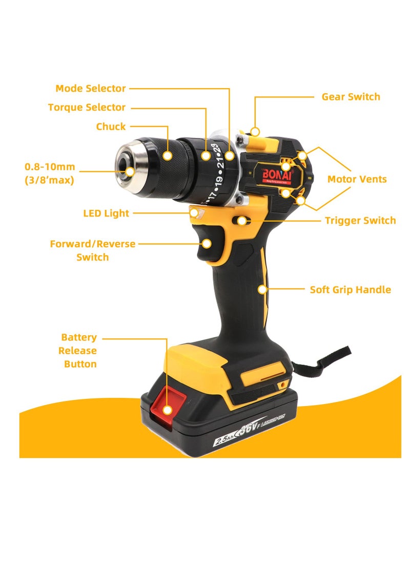 Complete 36V Cordless Drill Kit: Double Battery, 38Nm Torque, 18+3 Torque Settings, and a Comprehensive Set of 55 Drill Driver Bits