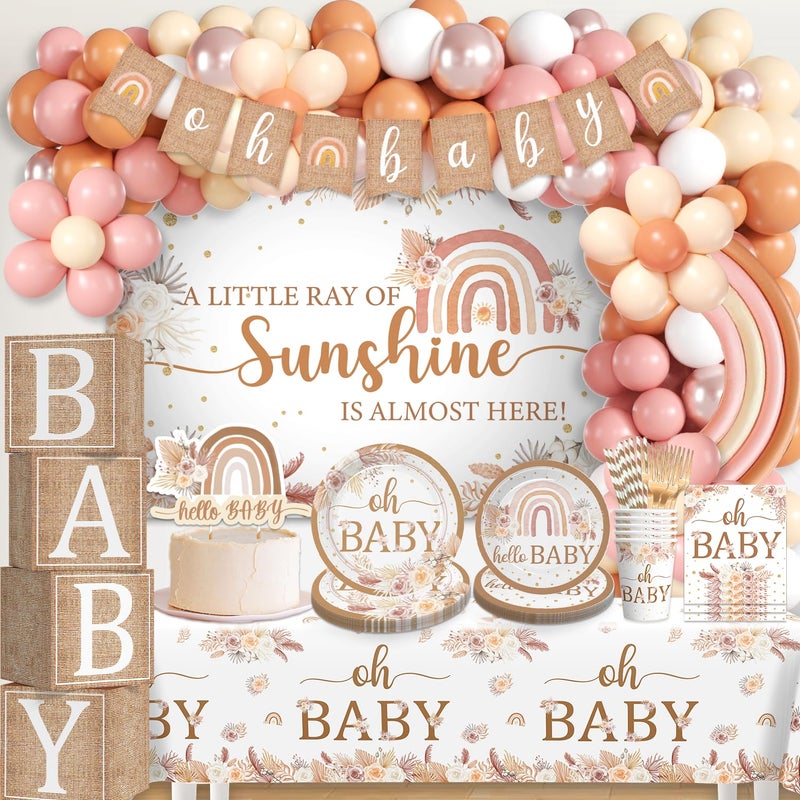 cocomigo Boho Baby Shower Decorations A Little Ray of Sunshine Party Banner Boho Rainbow Balloon Arch Paper Plates and Napkins Set Floral Its a Girl Neutral Baby Shower Gender Reveal Party Decorations - Image 2