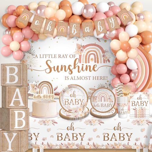 cocomigo Boho Baby Shower Decorations A Little Ray of Sunshine Party Banner Boho Rainbow Balloon Arch Paper Plates and Napkins Set Floral Its a Girl Neutral Baby Shower Gender Reveal Party Decorations - Image 1