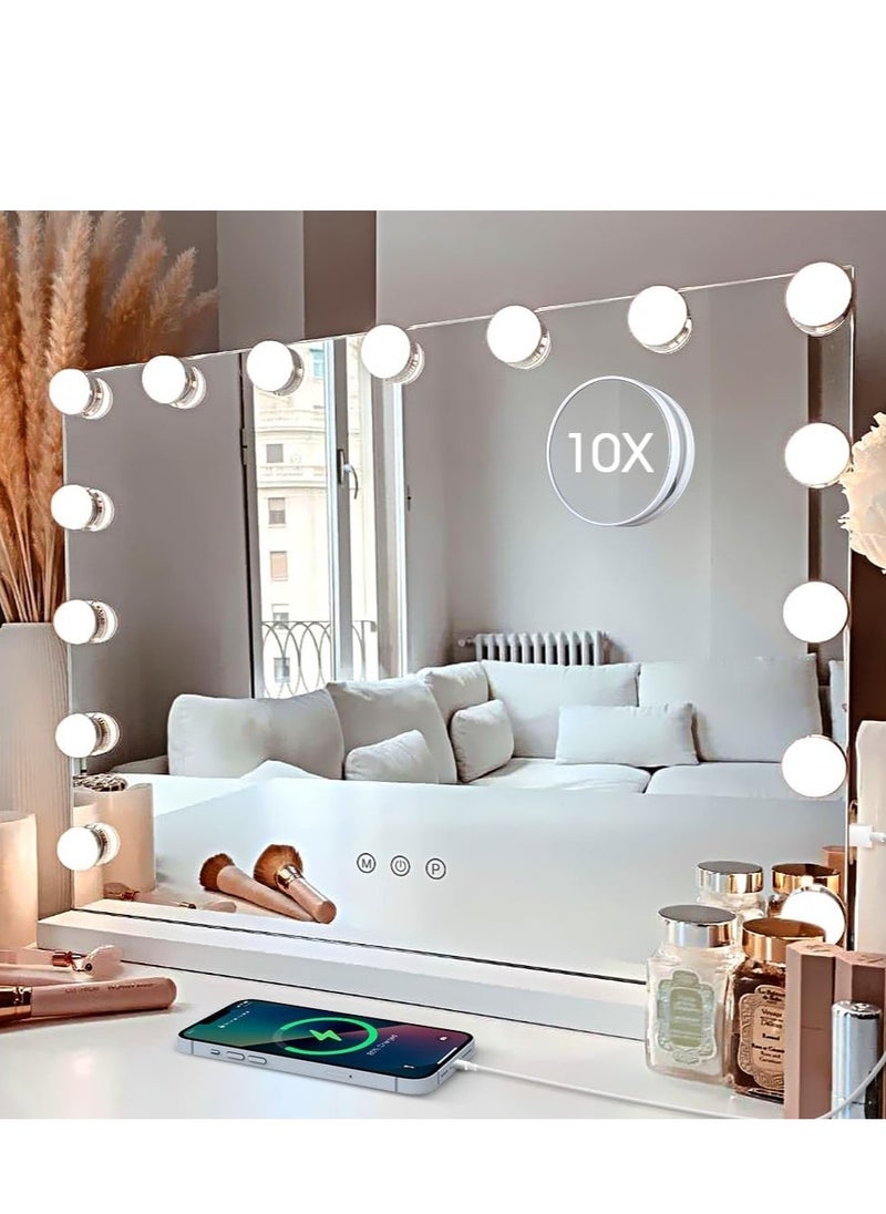 XiuWoo Hollywood Vanity Mirror with Lights, 15 Dimmable LED Bulbs 3 Color Lighted Makeup Mirror with Detachable 10X Magnification Mirror, Tabletop or Wall-Mounted, Touch Control  - Image 1