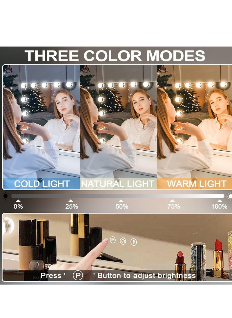 XiuWoo Hollywood Vanity Mirror with Lights, 15 Dimmable LED Bulbs 3 Color Lighted Makeup Mirror with Detachable 10X Magnification Mirror, Tabletop or Wall-Mounted, Touch Control  - Image 2