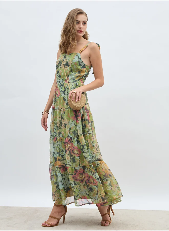 Styli Styli All-Over Floral Print Tie Sleeves Tiered Maxi Dress