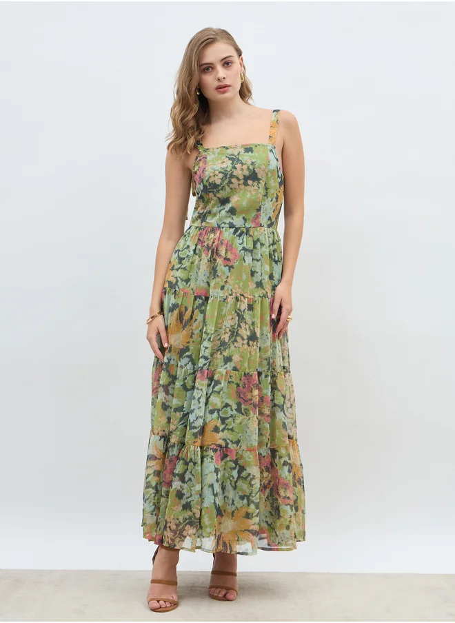 Styli Styli All-Over Floral Print Tie Sleeves Tiered Maxi Dress