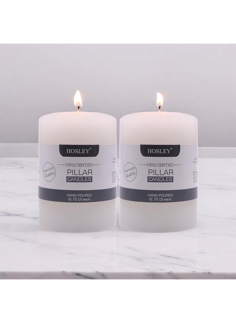 Hosley - HOSLEY Unscented Pillar Candles|White Candles Perfect for Home Decor|Candles for Decoration|Burn Time 60 Hours|Long Lasting|Smokeless & Dripless|2.75 Inch Diameter |Pack of 2 (4 Inch Long Each) - Image 1