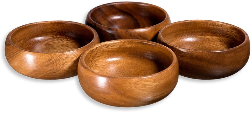 Home Essentials Natural Acacia Wooden Bowls HandCarved Calabash Dip Tray Bowl S4 Ideal for Appetizers Dips Sauce Nuts Candy Olives Seeds Desserts and More Round
