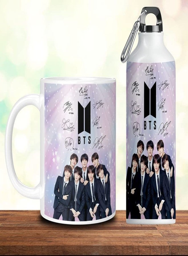 TrendoPrint كوب قهوة مطبوع عليه شعار BTS من تريندو برينت، سعة 350 مل، مع زجاجة ماء بسعة 600 مل مزودة بفوهة للشرب، هدية مثالية للبنات والأولاد والأطفال والنساء والرجال والأصدقاء والأحباب. - Image 1