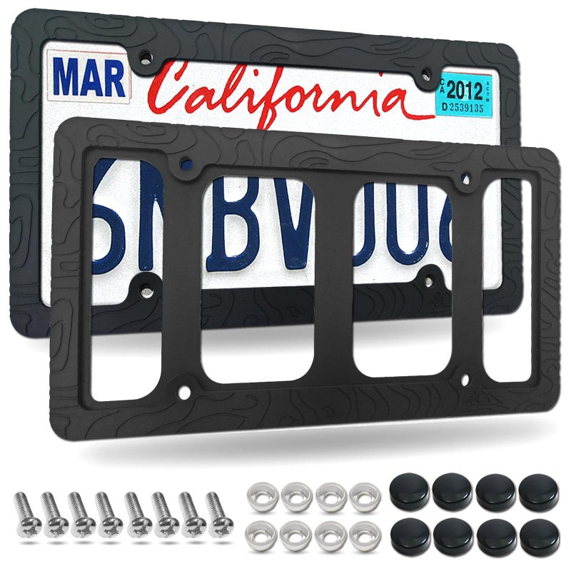 FBJTDQ Tuersan Topography Silicone License Plate Frames- 2 Pack Matte Black Mountain Design Car Tag Holder Cover with Screws Caps, Present for Hiking & Outdoor Sports Men - Image 1