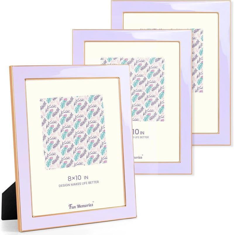 Fun Memories 8x10 Picture Frame - 3pcs Purple Enamel Glass Photo Frame with Gold Metal Edge & Easel for Display Picture Frame on Countertops, Tabletops, Bookshelves, Desks, Walls (Purple/Gold) - Image 1