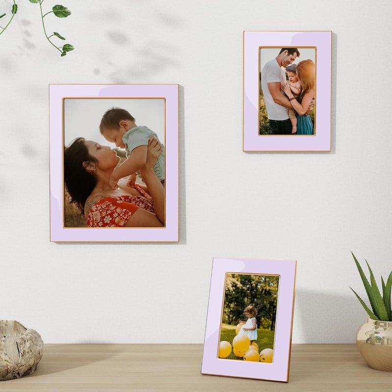 Fun Memories 8x10 Picture Frame - 3pcs Purple Enamel Glass Photo Frame with Gold Metal Edge & Easel for Display Picture Frame on Countertops, Tabletops, Bookshelves, Desks, Walls (Purple/Gold) - Image 3