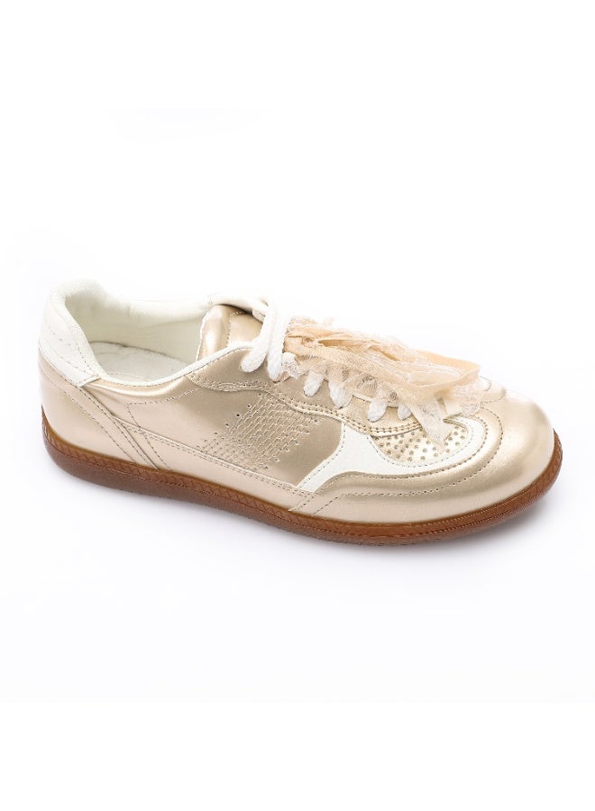 Mr.joe Mr Joe Champagne faux Leather Sneaker with Lace & Decorative Organza Ribbon- 3034  - Image 1