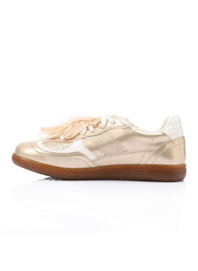 Mr.joe Mr Joe Champagne faux Leather Sneaker with Lace & Decorative Organza Ribbon- 3034  - Image 4