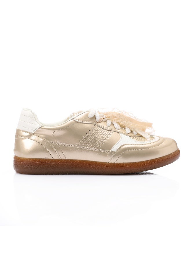Mr.joe Mr Joe Champagne faux Leather Sneaker with Lace & Decorative Organza Ribbon- 3034  - Image 2
