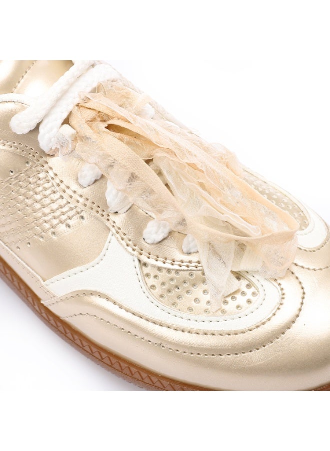 Mr.joe Mr Joe Champagne faux Leather Sneaker with Lace & Decorative Organza Ribbon- 3034  - Image 5