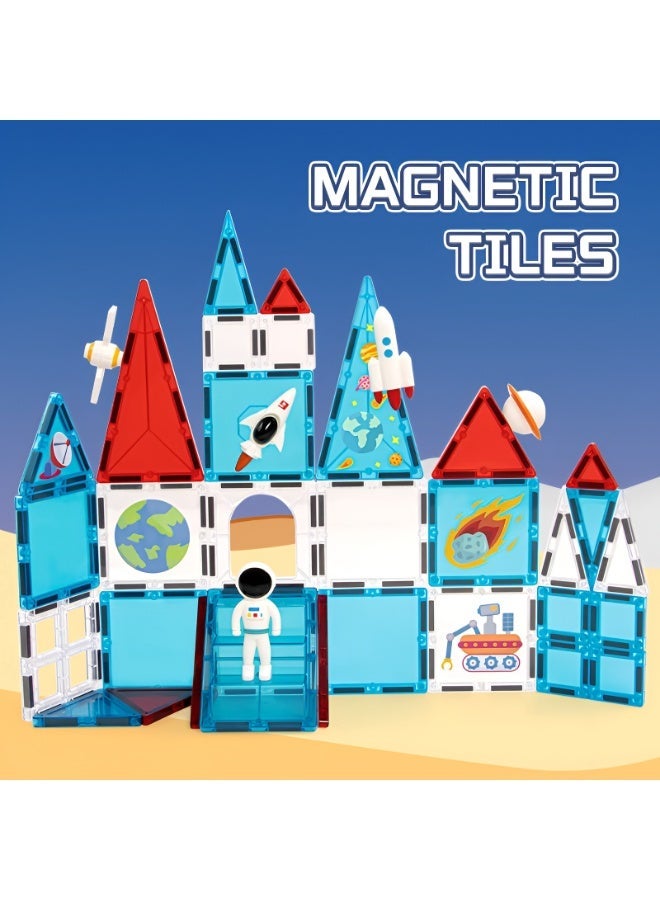 XINBIDA Magnetic Tiles Space Station Building Set 39PCS | Kids Construction Blocks with Astronaut Rocket Shuttle Satellite Figures | STEM Toy for Boys Girls Age 3 4 5 6 7 8+ - Image 2