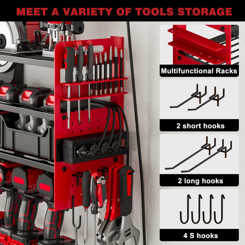 SEEAHEAD 12 Cordless Drill Holder Large Power Tool Organizer Wall Mount with Side Pegboard & Screwdriver Holder, 4-Tier Heavy Duty Metal Tool Storage Rack with 4-Outlet Power Strip - Image 4
