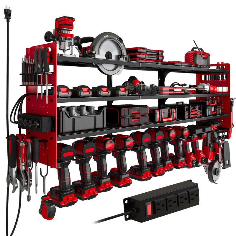 SEEAHEAD 12 Cordless Drill Holder Large Power Tool Organizer Wall Mount with Side Pegboard & Screwdriver Holder, 4-Tier Heavy Duty Metal Tool Storage Rack with 4-Outlet Power Strip - Image 1