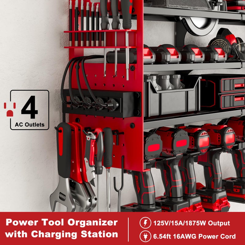 SEEAHEAD 12 Cordless Drill Holder Large Power Tool Organizer Wall Mount with Side Pegboard & Screwdriver Holder, 4-Tier Heavy Duty Metal Tool Storage Rack with 4-Outlet Power Strip - Image 3