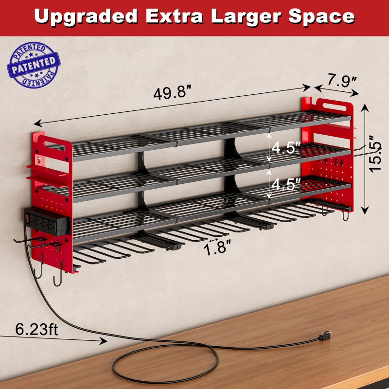 SEEAHEAD 12 Cordless Drill Holder Large Power Tool Organizer Wall Mount with Side Pegboard & Screwdriver Holder, 4-Tier Heavy Duty Metal Tool Storage Rack with 4-Outlet Power Strip - Image 2