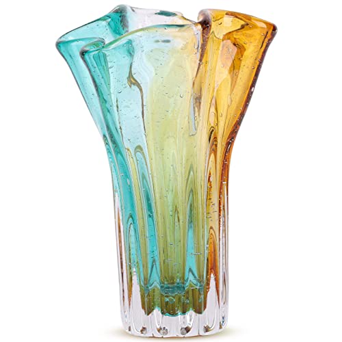 Hand Blown Wide Mouth Petal Glass vase Colorful Modern Glass Art Home Decoration vase for Family Living Room Wedding Venue Dining Table Centerpiece entryway Tabletop