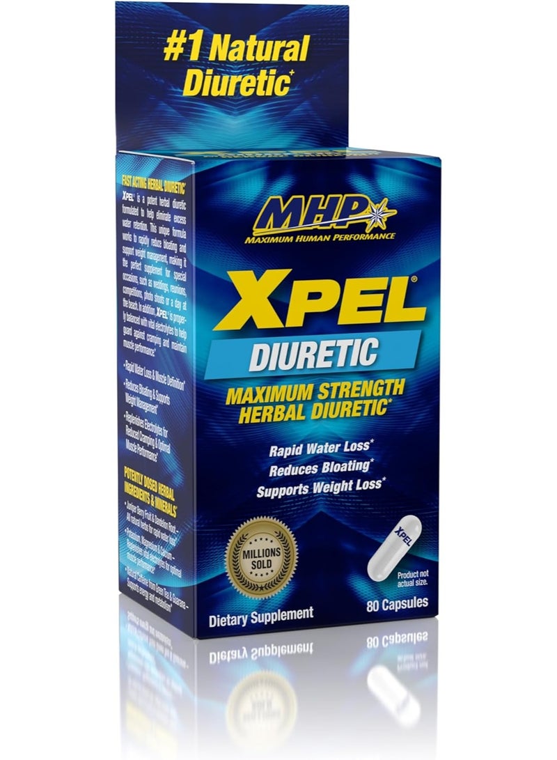 Maximum Human Performance Xpel Maximum Strength Diuretic Water Pills, for Water Retention Relief, Weight loss Support, with Vitamin B-6 Potassium Dandelion Root, 80 Capsules